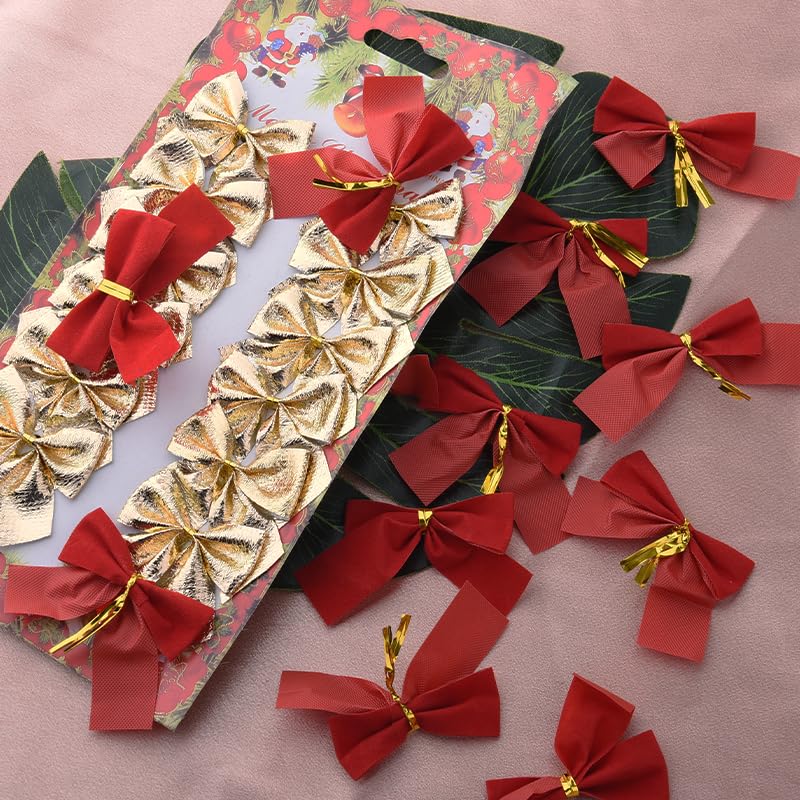 Gold Red Christmas Tree Bows 24-Pack Mini Ornaments – Red & Gold Fabric Decorations
