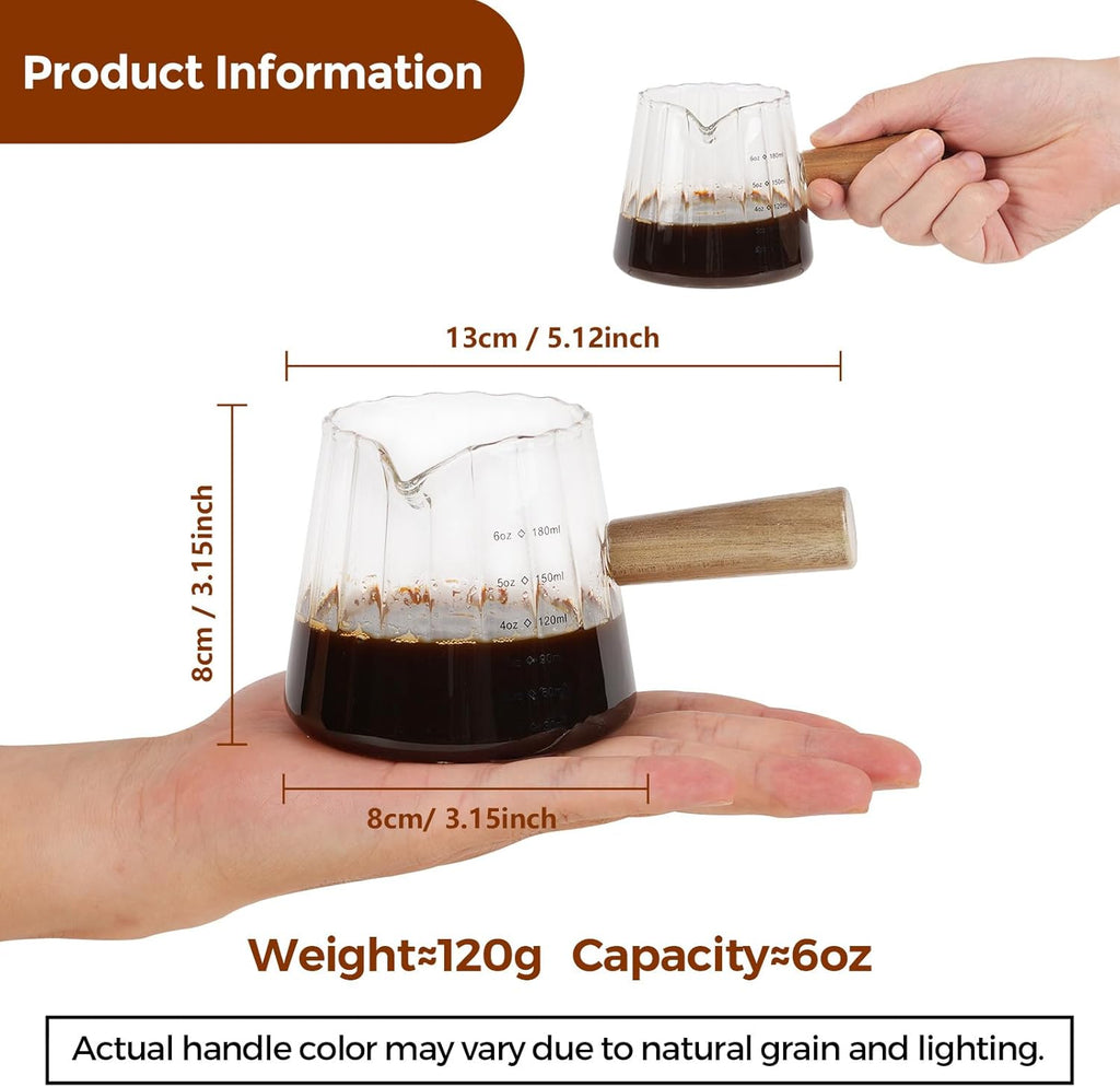 YARRAMATE Glass Measuring Cup - 6 oz/180ML with Wooden Handle | Ribbed Design for Easy Pouring