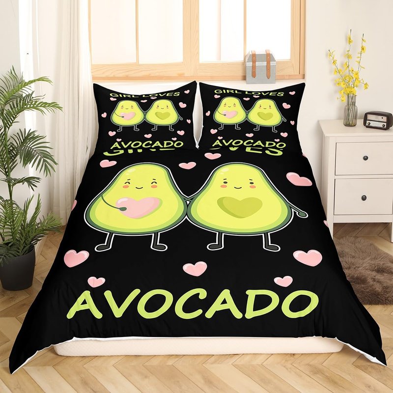Girls Avocado Bedding Set Kids Cute Cartoon Avocado Duvet Cover for Children Women Bedroom Green Fresh Fruit Decor Comforter Cover Set Avocado Lover Bedspread Cover King Size with 2 Pillow Case