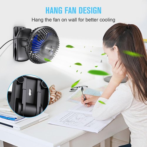 BESKAR Portable USB Clip-On Fan - 3-Speed Strong Airflow, Quiet Operation, Sturdy Clamp Design