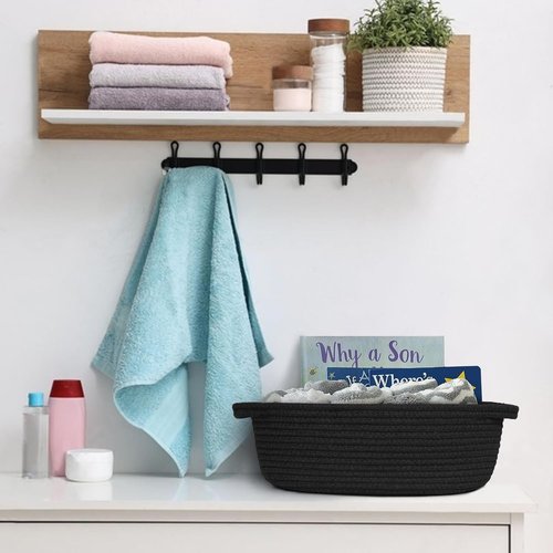 MEGASKET Black Woven Basket - Cute Dog Toy Storage Box | Soft Cotton Rope, 13” x 9” x 5”
