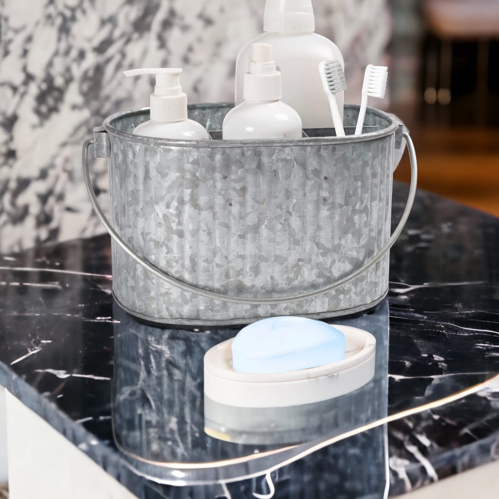 CLEENTABLE Galvanized Metal Caddy with Handle - Heavy Duty Utensil Holder & Cutlery Organizer, Rustic Farmhouse Tabletop Storage Bin for Kitchen, Picnic, BBQ, and Parties