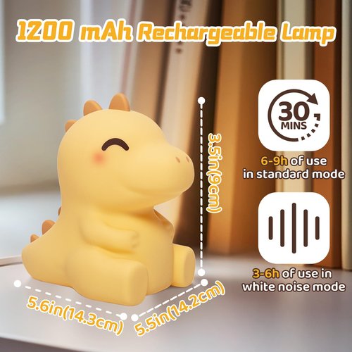 Mewaii Huggwaii Squishy Dinosaur Night Light for Kids, 4 White Noise Dimmable Silicone Kids Night Light, Long Battery Life Rechargeable Dinosaur Lamp,Toddler Nightlight,Boys & Baby Gifts Room Decor