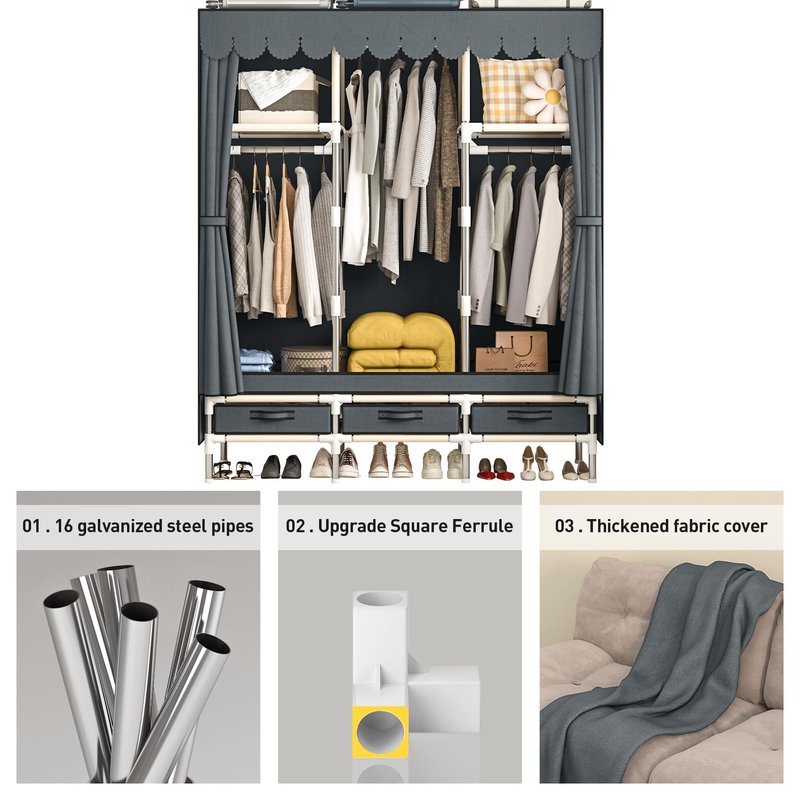 LEAIJIAFY Portable Armoire Wardrobe Closet with 3 Drawers and 3 Hanging Rods,Cloth Closet Wardrobe Cabinet for Hanging Clothes,Grey Cover,for Clothing,Bedding,51 in Width