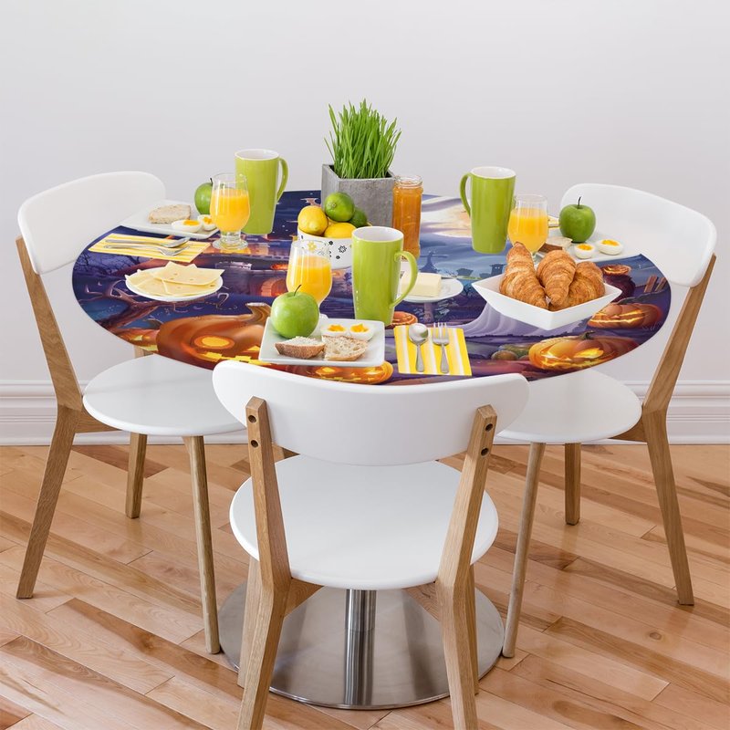 cfpolar Round Tablecloth with Elastic Edge Halloween Pumpkin bat Ghosts Round Fitted Table Cover Waterproof Wipeable Circle Table Cloths for Dining Kitchen Pattry Patio Outdoor (Fit for 45"-50")