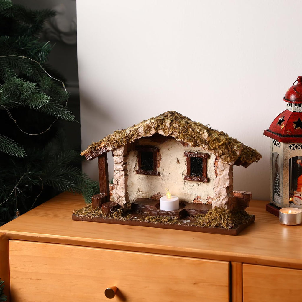 Barydat Christmas Nativity Scene - Realistic Resin Manger with Moss Roof | 10 x 7.87 x 5 Inches