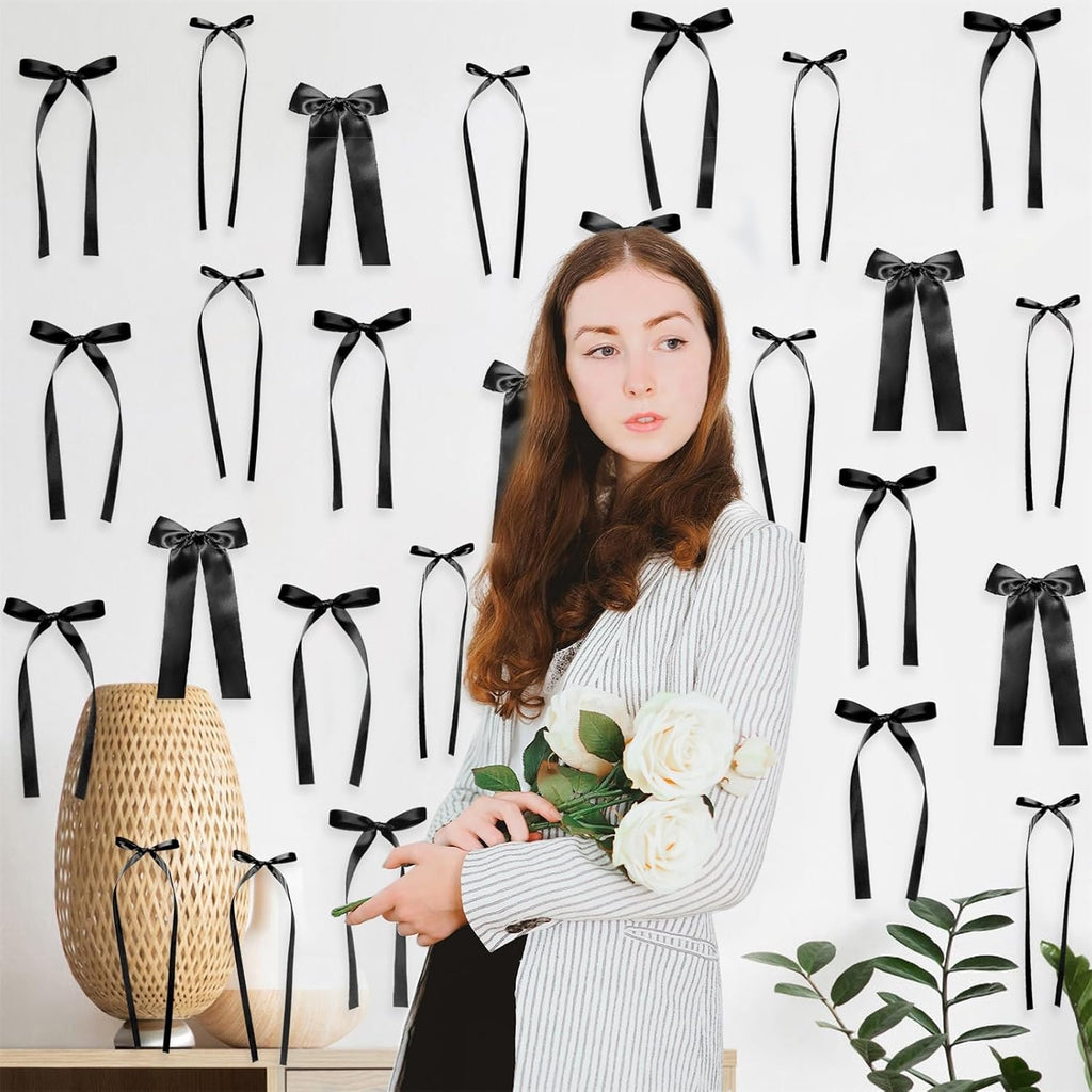 Skiennix Black Bow Birthday Decorations - 45Pcs DIY Ribbon Bow Wall Decor | 3 Sizes for Parties & Events