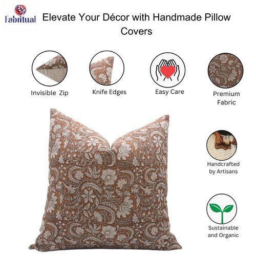 Fabritual Block Print Handmade Thick Linen 22X22 Throw Pillowcase Cushion Cover with Zipper for Sofa, Couch and Bed, Fall Decoration, Farmhouse, Living Room, Home Décor, Kundanvan, Light Brown