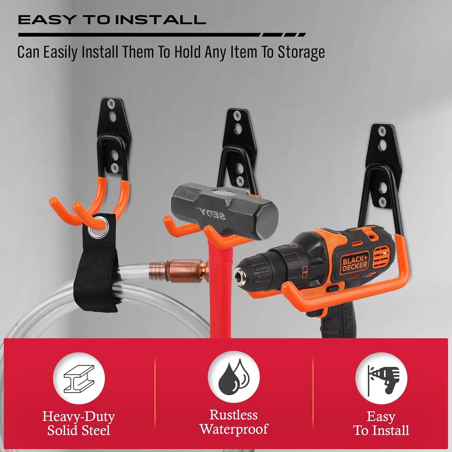 Skiennix Garage Tool Storage Wall Hook Set - 15PCS Heavy Duty Organizer for Garden Tools, Ladders & Bikes | Orange