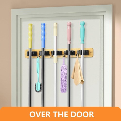 IMILLET Broom Holder Wall Mount - Bamboo Mop Organizer with 5 Racks & 4 Hooks | Ideal for Home Storage