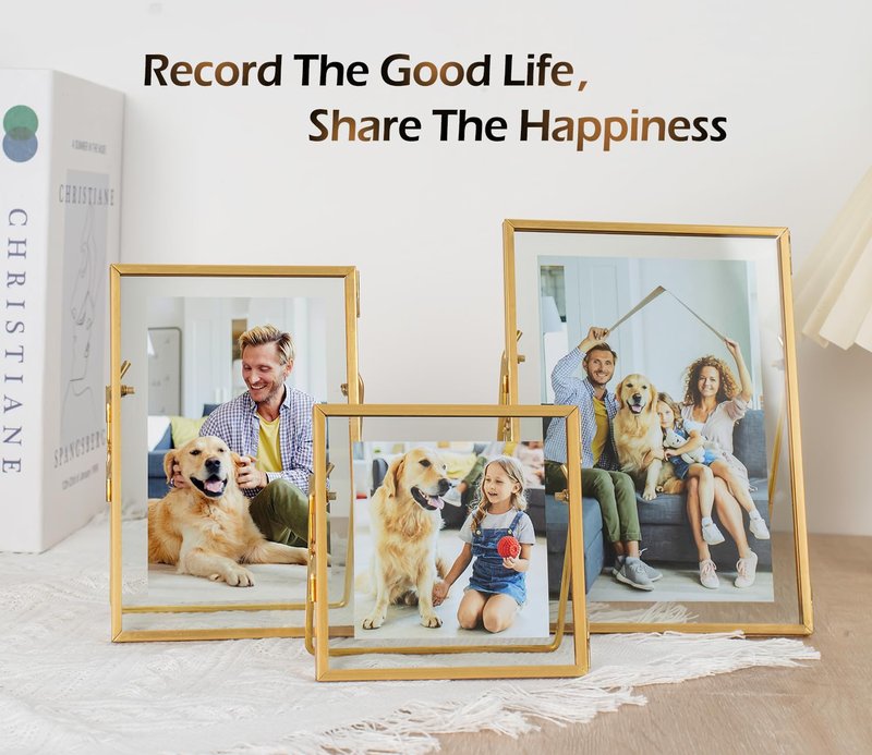 Jajamy Set of 6 Gold Glass Floating Picture Frame, Glass Pressed Flower Frames Collection, 4"x 4", 4"x 6", 5"x 7" Gold Picture Frame for Stand Tabletop Photo Display