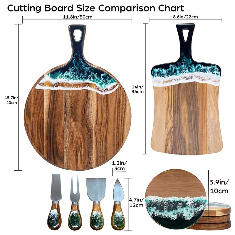Charcuterie Boards with Resin Cheese Knives, Wood Resin Cheese Platter - Cheese Tray with Cheese Utensils, Fruit Tray, and 4 Cheese Knives House Warming Gifts New Home, Wedding Gift for Couple