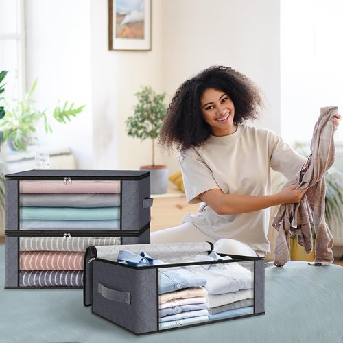HomeHacks Storage 3-Pack Clothes Organizer Bags - Foldable Design with Large Clear Window | 35L, Gray