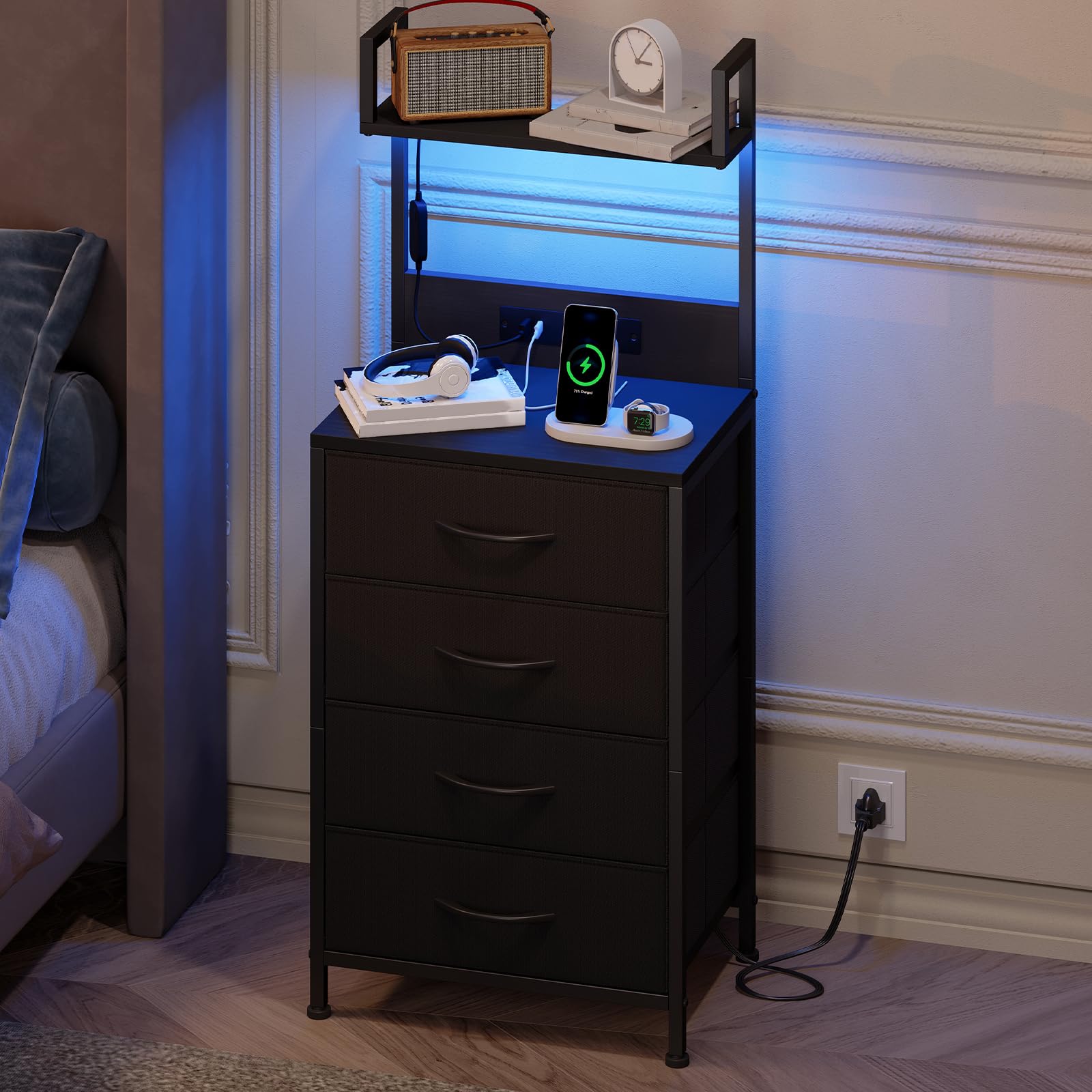 Somdot Black Nightstand with Charging Station and LED Lights, Bedside Table Tall Night Stand with 4 Fabric Drawers and Top Shelf for Bedroom Guest Room Dorm Hallway