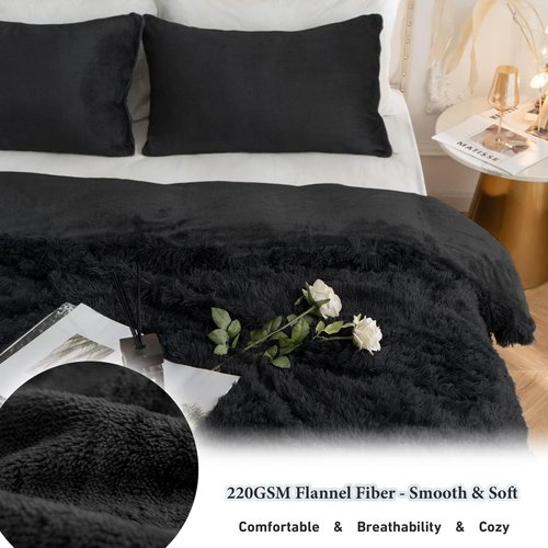 CHOSHOME Plush Shaggy Duvet Cover King Size, 3 PCS Fluffy Comforter Fuzzy Flannel Bedding Sets(1 Faux Fur Duvet Cover + 2 Pillowcases), Zipper Closure & 8 Corner Ties, Black