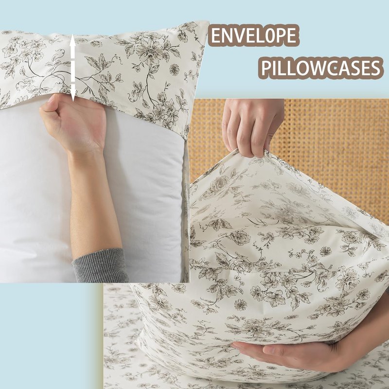 Zusbest California King Tan Floral Sheets 100% Cotton Beige Patterned Bed Sheet Set Vintage Peony Flower Toile Printed Bedding Soft Breathable Crisp Percale Sheets Deep Pocket 17.5'', 4 Pcs