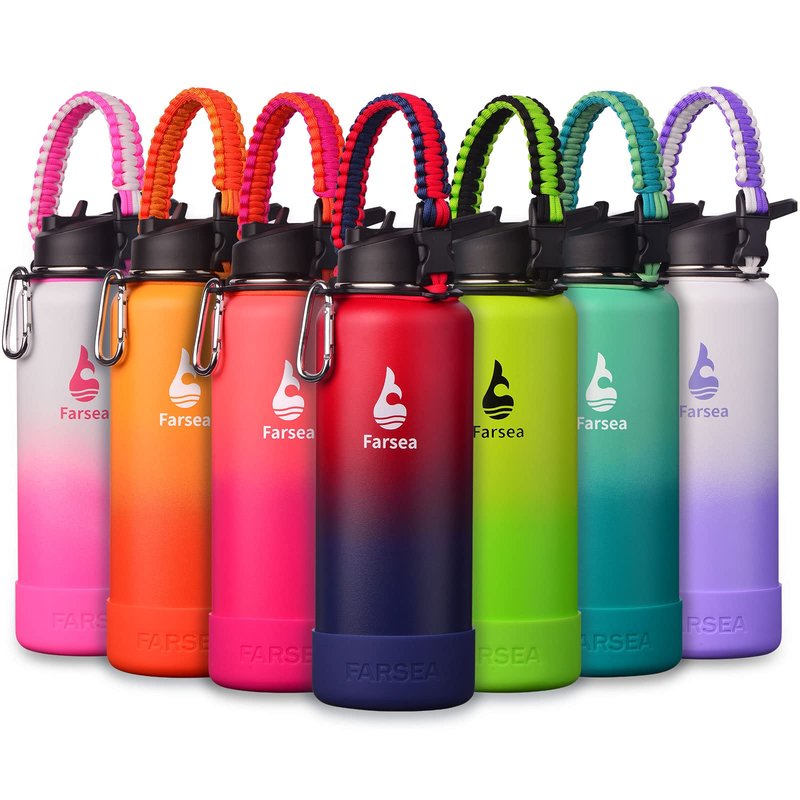 Farsea Insulated Water Bottle With Paracord Handle, Protective Silicone Boot and 2 Lids (Straw Lid & Spout Lid), Stainless Steel Water Bottle Wide Mouth, Double Wall Sweat-Proof BPA-Free, 40 oz
