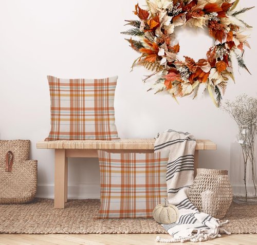 AOFANGGO Fall Pillow Covers 20x20 Set of 2 Autumn Decorative Throw Pillow Cases Orange Blue Plaids Cushion Covers Faux Linen,Farmhouse,Thanksgiving,Home Décor,Outdoor,Patio,Patch
