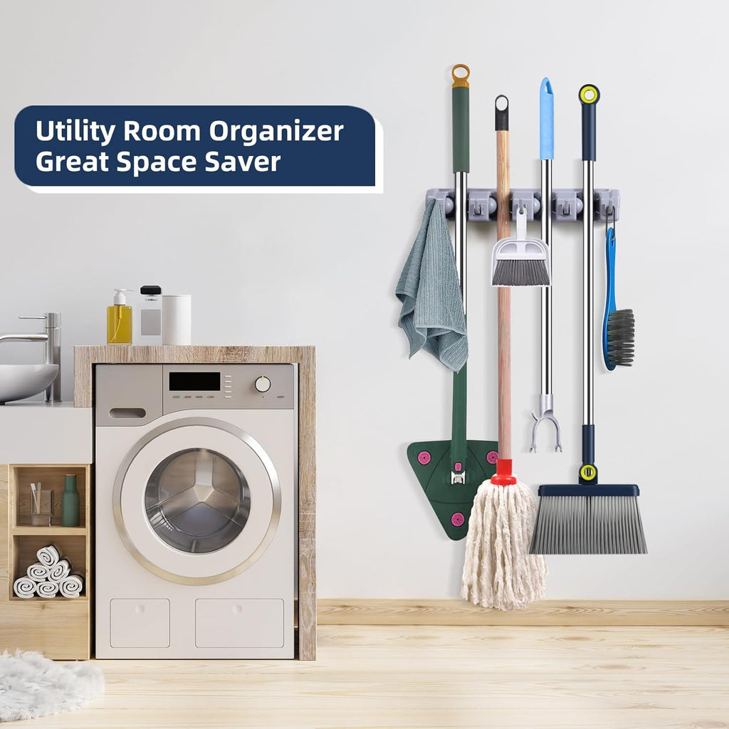 Skiennix Wall Mount Mop And Broom Holder - Space-Saving Organizer For Closet & Garage Storage