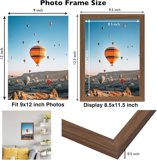 JCJMY 9x12 Picture Frame - Brown Wall Hanging Frame with Shatter-Resistant Plexiglass | Horizontal or Vertical Display