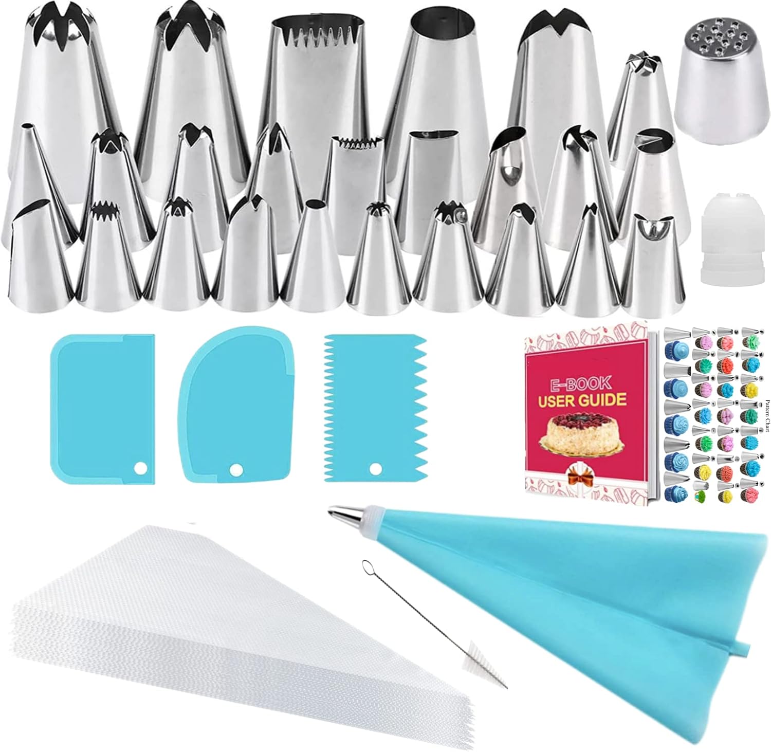 Skiennix Icing Nozzles Set - Stainless Steel Piping Tips with Reusable Silicone Bag for Cakes & Cupcakes