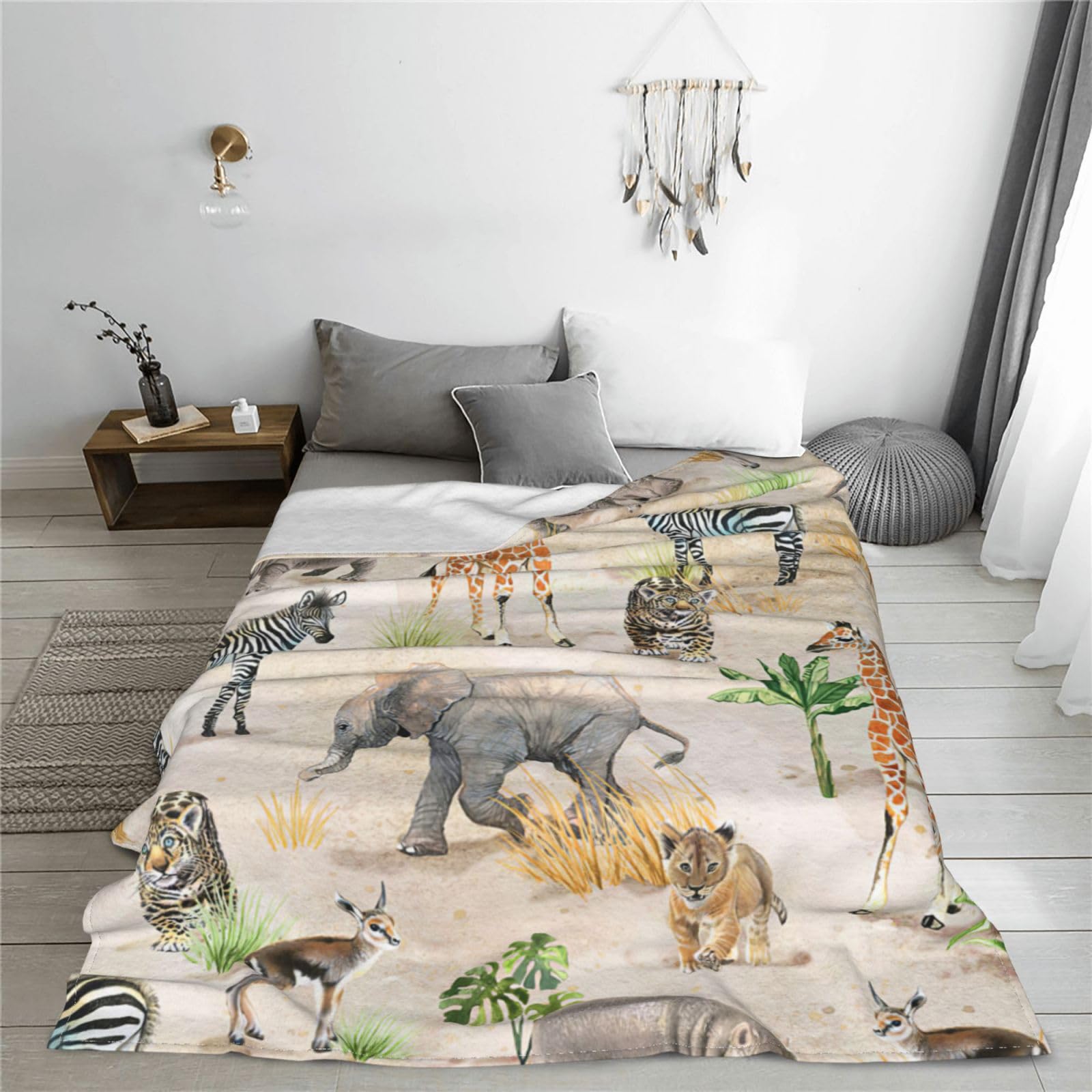 Zoo Animals Blanket African Safari Animals Elephant Tiger Giraffe Zebra Rhinoceros Decor Throw Blanket Gifts for Girls Boys Women Super Warm Soft Plush Fleece Flannel Blanket for Kids Adults 50"X40"