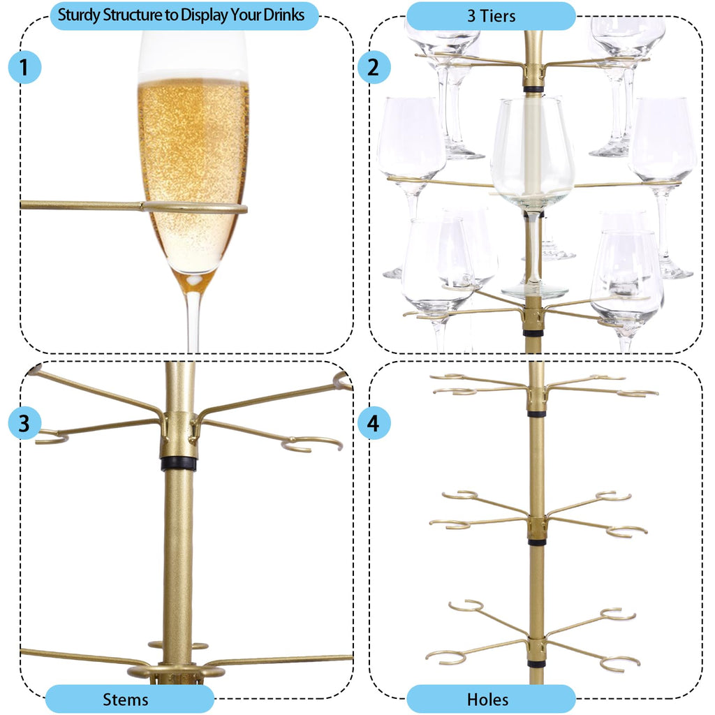 ZeenArt Metal Drink Tower for Parties - 3 Tier Champagne Glass Holder with 12 Brackets for Bar Stand or Cocktail Tree Stand