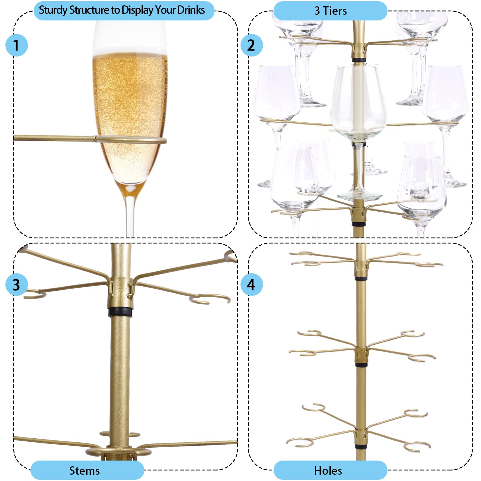 ZeenArt Metal Drink Tower for Parties - 3 Tier Champagne Glass Holder with 12 Brackets for Bar Stand or Cocktail Tree Stand