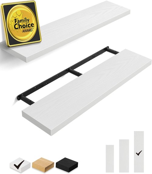 BAYKA Floating Wall Shelves - 36-Inch Rustic Wood Design for Bathroom, Bedroom & Living Room | Set of 2 (White)