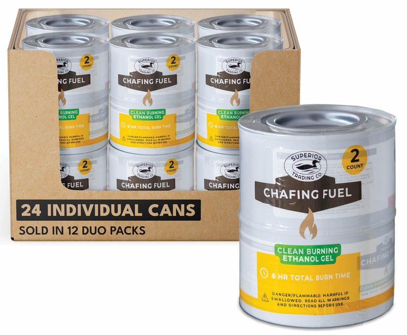 Superior Trading Co. Chafing Fuel Cans, Up to 6 Hour Food Burners for Parties, Smokeless, Resealable, Indoor Outdoor Catering & Food Service, 24 Pack