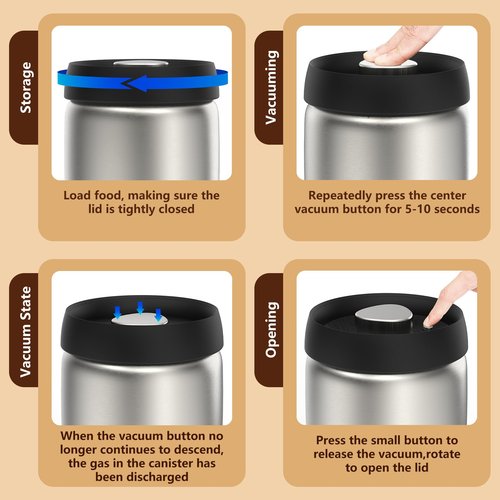 HelpyLife Coffee Vacuum Canister - 16oz Airtight Stainless Steel Food Storage | Press Out Excess Air, Perfect for Coffee Beans & Tea