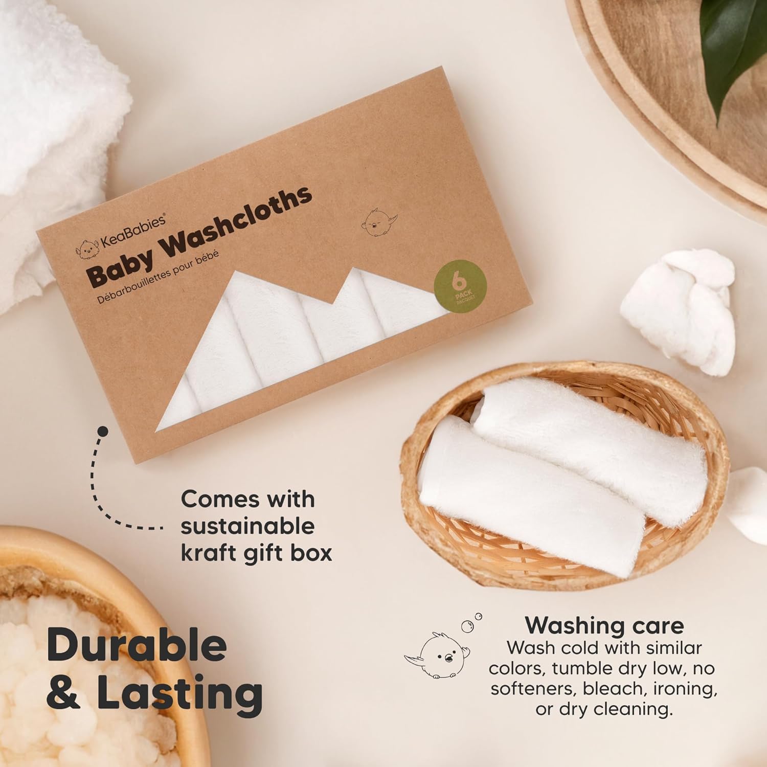 Baby Washcloths 6-Pack | Soft, Absorbent Viscose Bamboo Towels for Newborns & Toddlers, 10x10