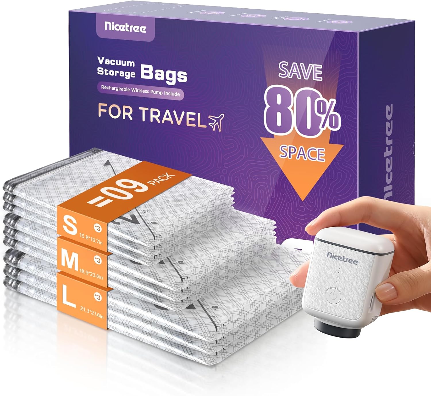 Nicetree Vacuum Storage Bags - 9-Pack with Rechargeable Wireless Pump | 3 Sizes for Clothing & Bedding
