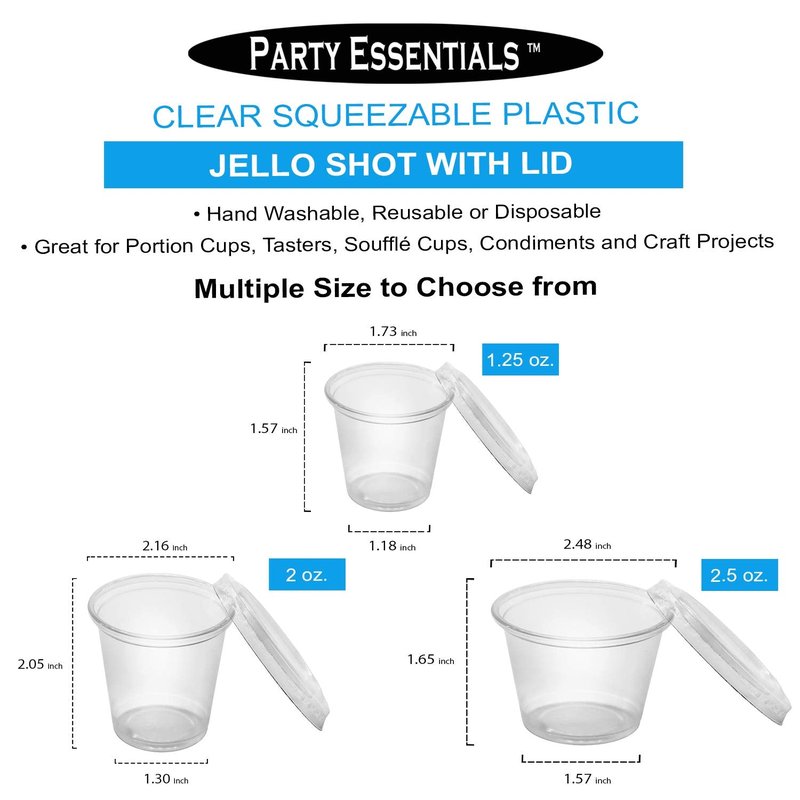 Party Essentials Squeezable Plastic Gelatin/Jello Shot Glasses/Portion Souffle Cups/Condiment Sauce Containers with Lids, 300 Sets, 2.5 oz. Clear
