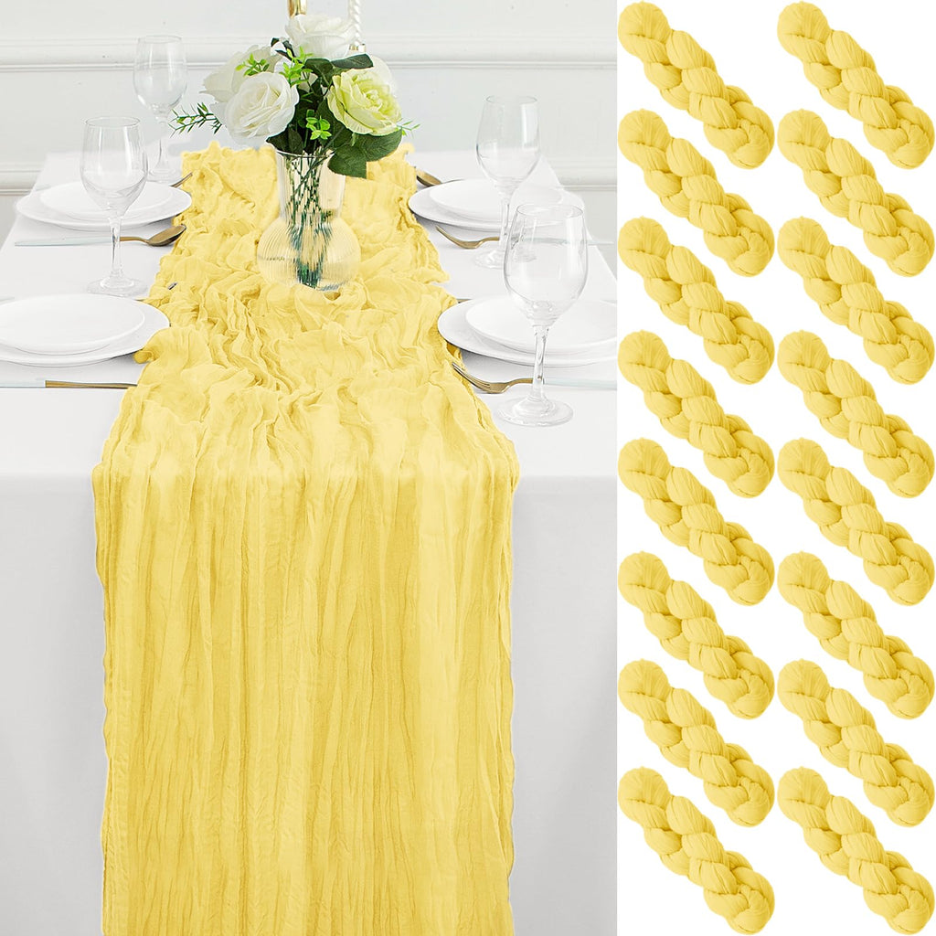 16Pack Light Yellow Cheesecloth Table Runner 10FT Yellow Gauze Table Runner 35x120Inch Long Boho Spring Easter Table Runners Rustic Sheer Table Runners for Wedding Baby Bridal Shower Decor