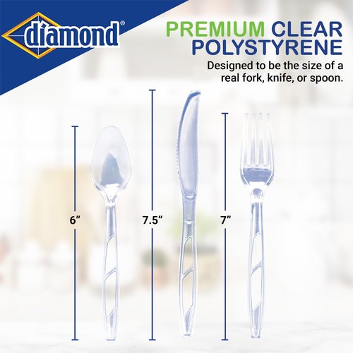 Diamond® All Occasion Clear Plastic Cutlery Set – 192 Count (64 Forks, 64 Spoons, 64 Knives), Disposable Utensils, Durable Polystyrene, Reusable Tray, Made in USA