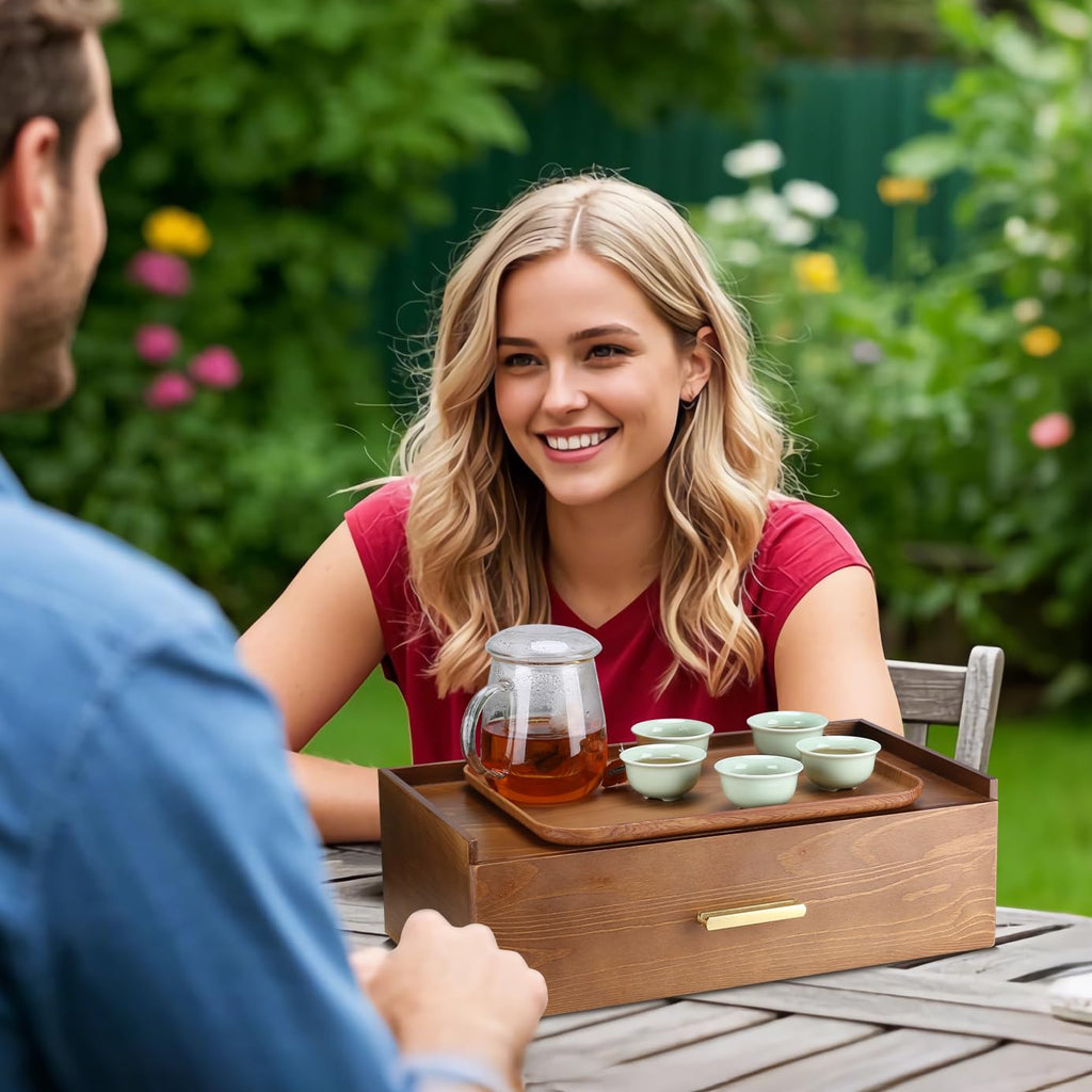 Five beautiful tea cups and tea trays are given as gifts. Tea bag organizer storage box, wood tea bag organizer, tea bag holder with drawer. (Small fish teacup set)