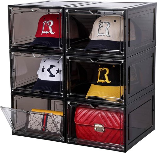 Attelite Hat Organizer - Stackable Baseball Cap Storage Box with Transparent Magnetic Door | Set of 6, Clear Black