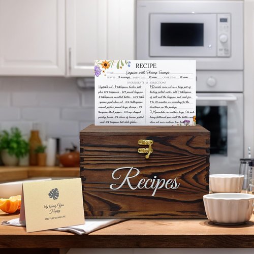 OurWarm Wooden Recipe Box with Cards and Dividers, 4x7 Recipe Box to Write in Your Own Recipes, Gift for Housewarming Grandma Mom Wedding Bridal Shower, Includes 100 4x6 Recipe Cards and 16 Dividers