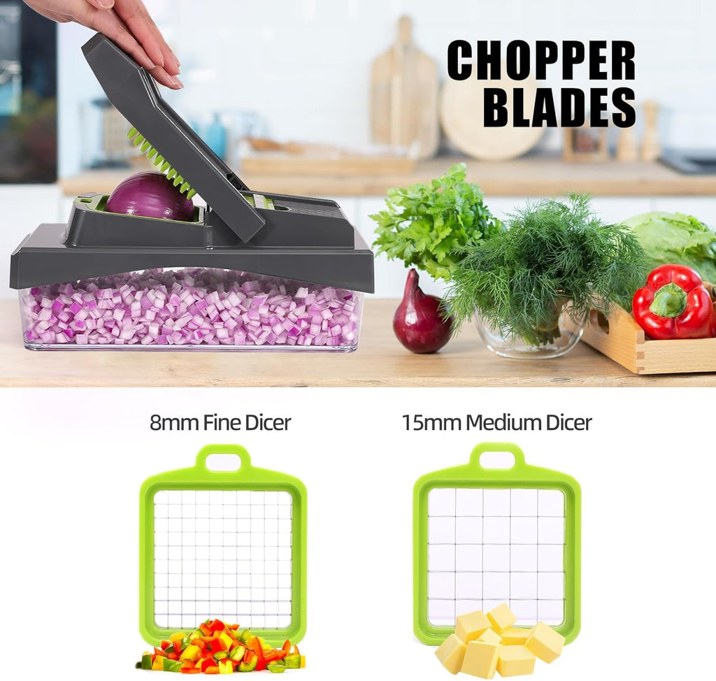 RüK 10-in-1 Vegetable Chopper - Versatile 6 Blade Food Dicer & Grater with Container | Gray Kitchen Gadget