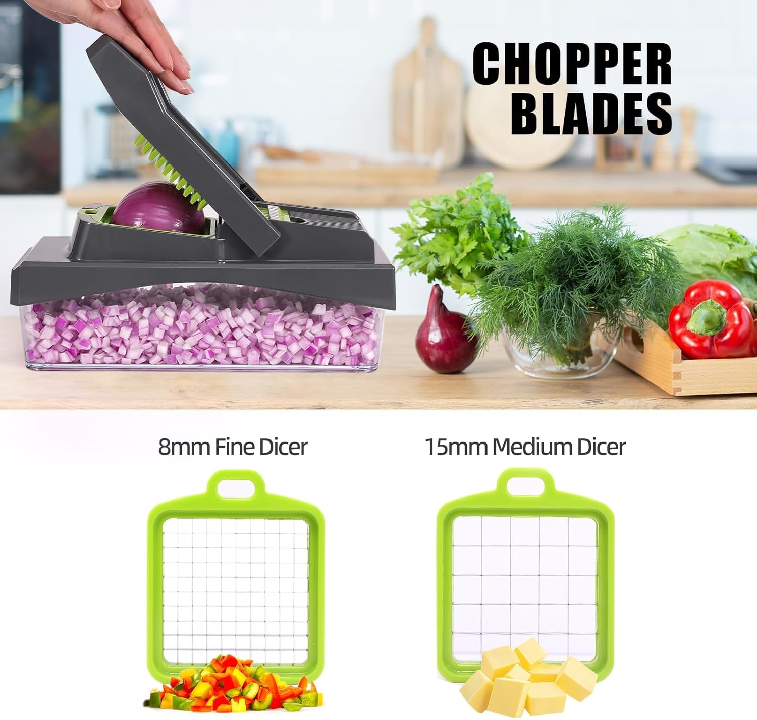 RüK 10-in-1 Vegetable Chopper - Versatile 6 Blade Food Dicer & Grater with Container | Gray Kitchen Gadget