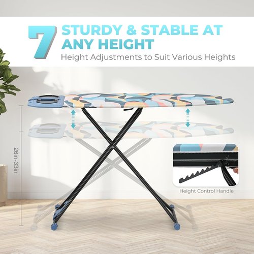 KINGBOARD Foldable Ironing Board - Heavy Duty Metal Panel with Rest | 7 Height Adjustable, 45 x 15, Deep Blue