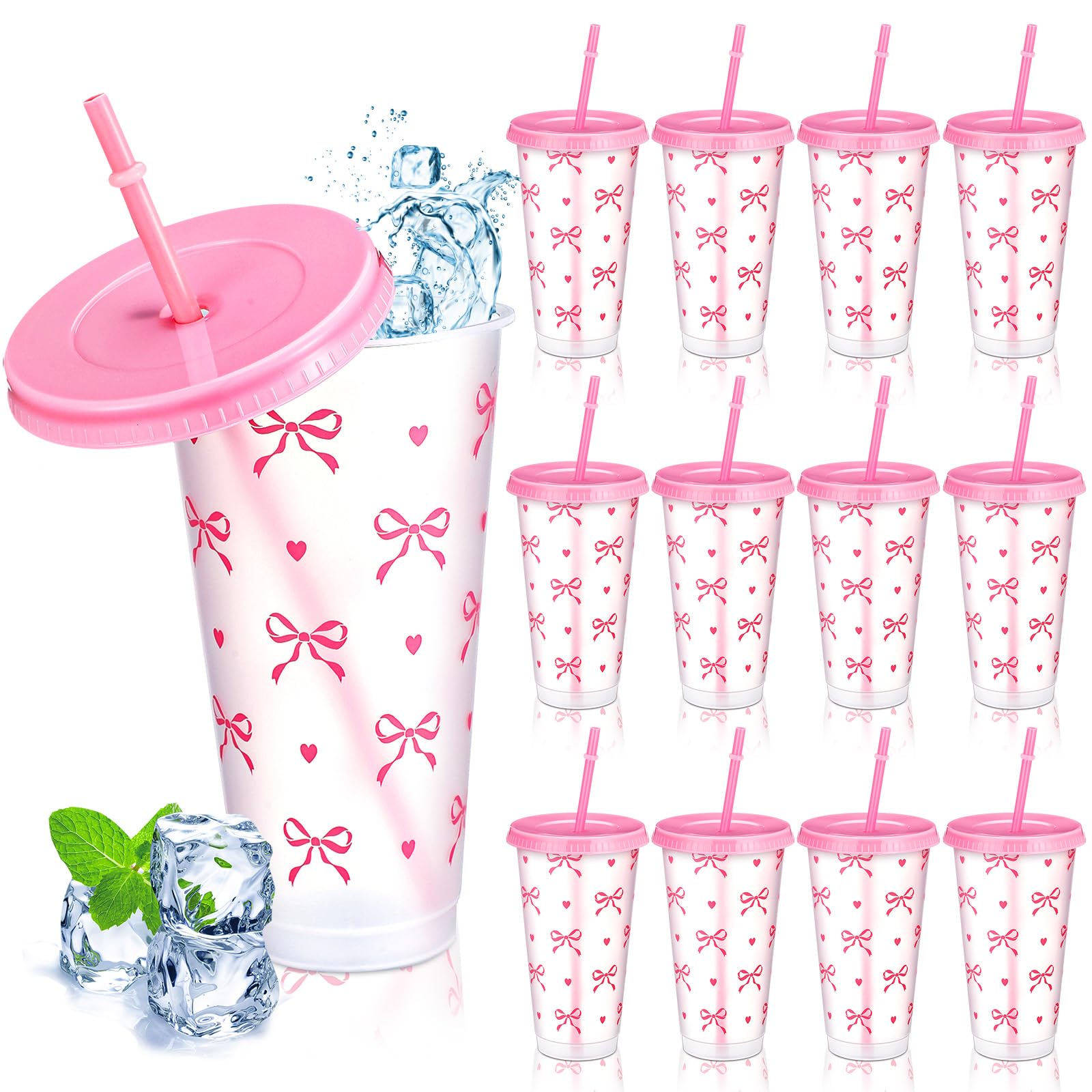 Reallnaive 12 Pcs Pink Bow Plastic Cups with Lids and Straws 24 oz Reusable Coquette Bow Tumbler Aesthetic Drinking Coffee Cup for Women Birthday Wedding Bridal Shower Party Supplies