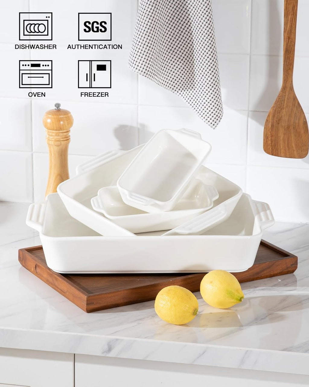 Sweejar Ceramic Bakeware Set - 4 Rectangular Casserole Dishes with Handles for Oven | White Lasagna Pans