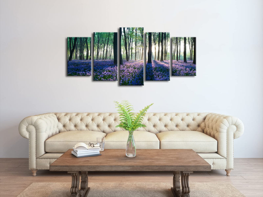Pyradecor Early Morning Lavender Canvas Prints Wall Art Purple Floral Pictures Paintings for Bedroom Kitchen Bathroom Home Decor Modern 5 panels Stretched Flowers Landscape Artwork