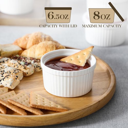 MALACASA Ramekins with Lids 8 oz - Set of 6, White Porcelain Creme Brulee Souffle Ramekins with Covers, Ceramic Custard Cups for Baking, Dishwasher and Oven Safe, Series RAMEKIN-DISH