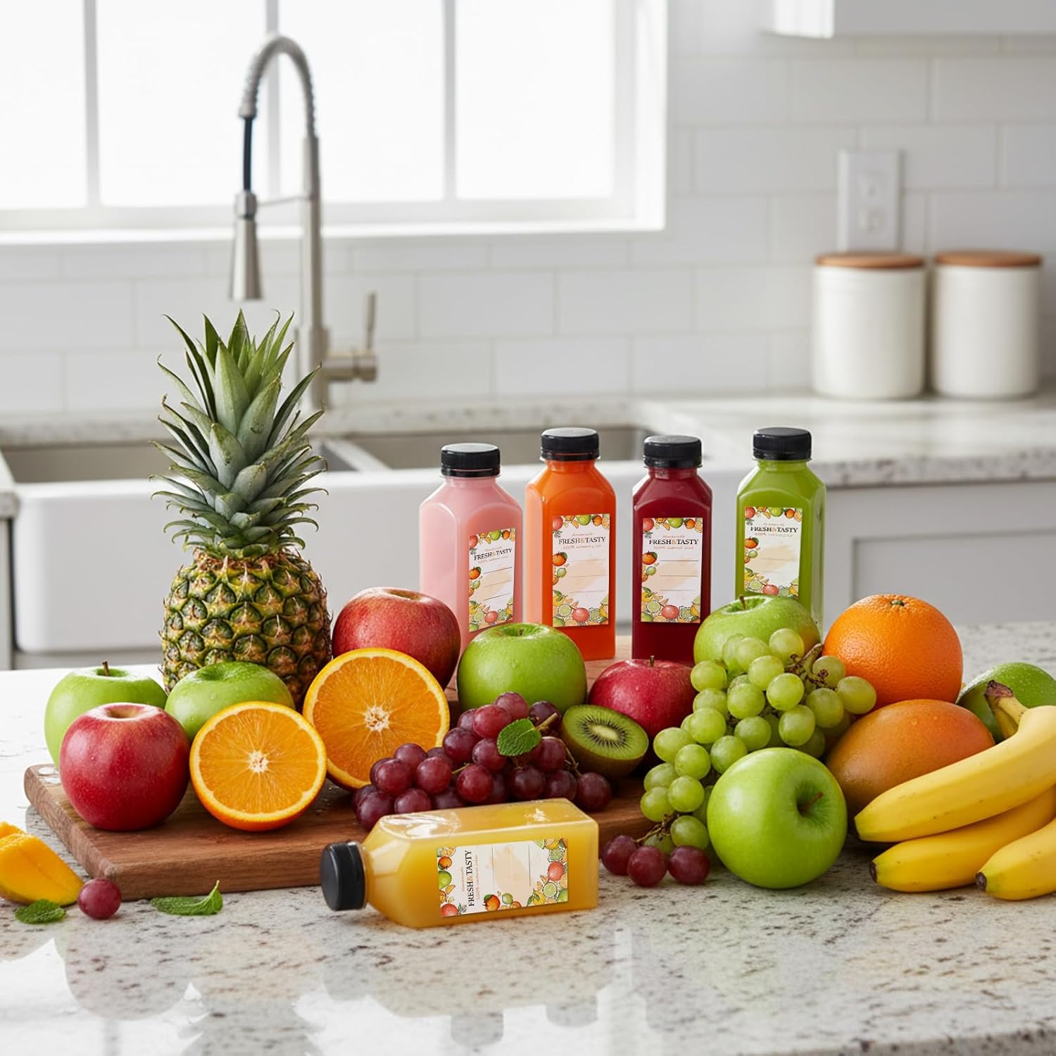 TOMNK 12oz Reusable Juice Bottles - 12pcs Plastic Containers with Caps, Labels, Funnel & Brush
