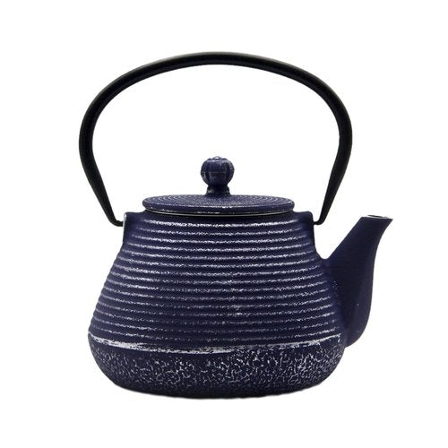 SECHUDO Cast Iron Teapot, 20.3oz Small, Enameled Interior, Stainless Steel Infuser for Loose Tea (Blue Pinstripe Pattern)