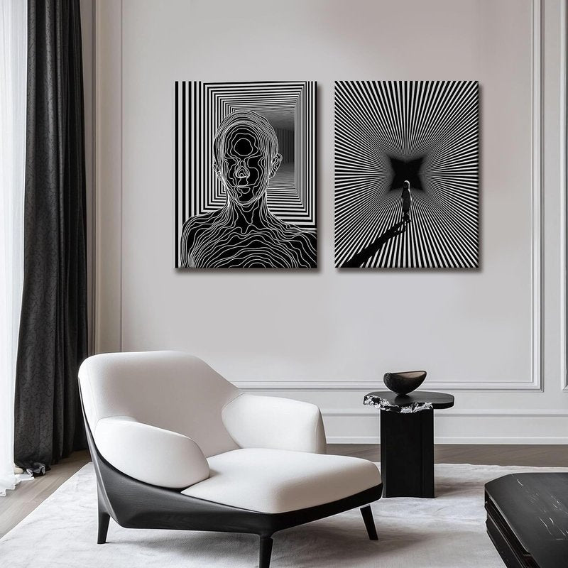 AUUAUU Black and White Minimalist Wall Art Set of 2-16x24 Inch Framed Abstract Poster Modern Optical Illusion Canvas Prints Geometric Lines Pictures Paintings for Living Room Bedroom Offic Decor