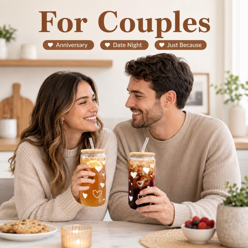 DAMCONME Glass Cups with Lids and Straws, 2 Pack Heart Glass Cups, 16 oz Borosilicate Iced Coffee Cups, Matching Drinkware for Best Friends, Couples, Birthday and Anniversary
